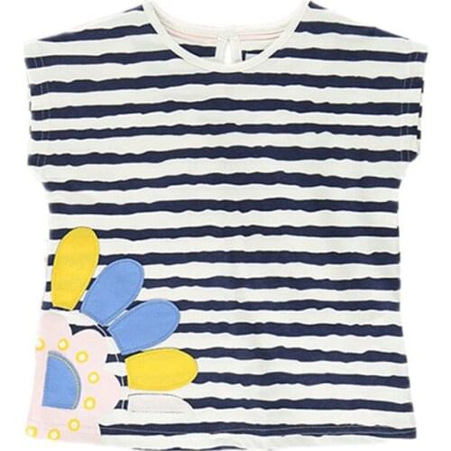 Little Maven New Summer Kids Clothing O-neck Sleeveless Knitted Striped Floral Applique Cotton Girls Casual Fashion Tshirt
