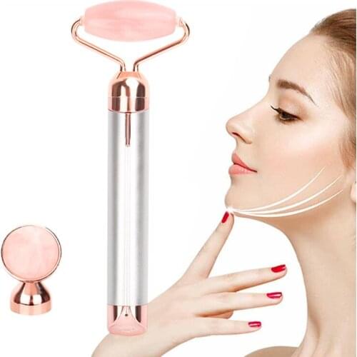 Electric Vibrating Rose Quartz Roller Contour Slimming Face Massager Face Lifting Facial Massage Roller Stone Skin Care Tool