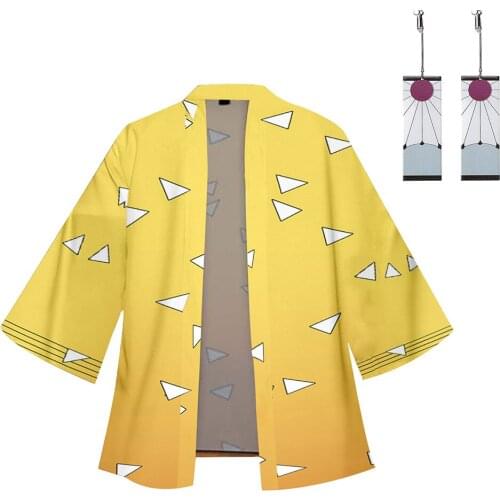 Anime Demon Slayer Kimono Cardigan Robe Agatsuma Zenitsu Cospaly Costume Cotton Print Casual Coat with Earrings