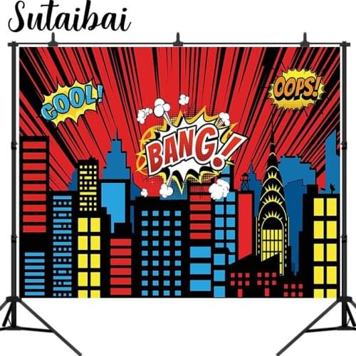 Red Superhero Cityscape Backdrop for Kids Photography Boys 1st Birthday Party Decorations Baby Shower Background Table Banner