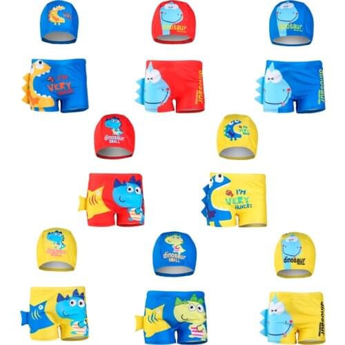 Boys Girls Bathing Suit Childrens Cartoon Diansours Summer Swimming Suit Swimming Shorts Swimming Cap Printed Swimsuit Suit