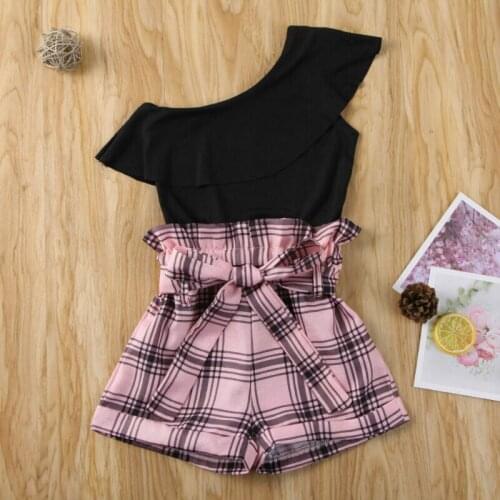 Summer Baby Girls Clothes Outfit Set One Shoulder Black Tops Short Ruffle Pants Set 2-7T