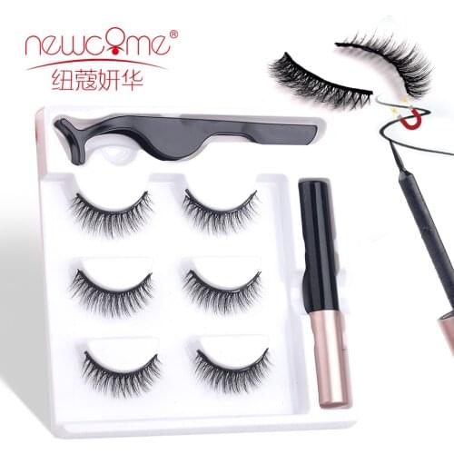 NEWCOME 3 Pairs Magnetic Eyelashs Set Magnet Liquid Eyeliner & Magnetic Eyelashes & Tweezer Set Waterproof Long Lasting Eyelash