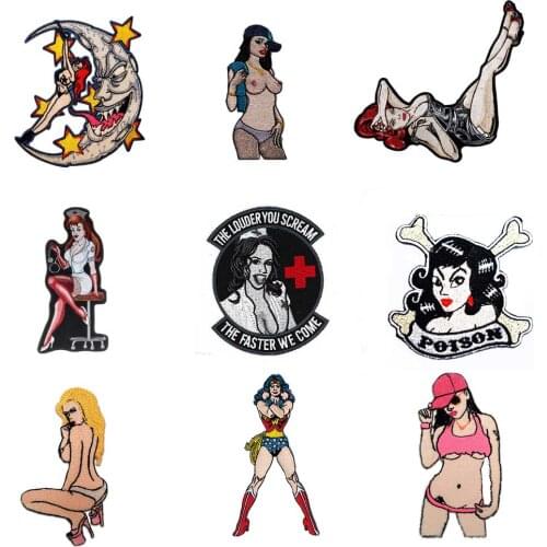 Punk patch sexy girl patches iron-on embroidered applique sewing label for clothes