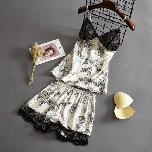 2021 Summer New Sling Ice Silk Nightie Set Floral Printing Lace Sleeveless Pajamas Suit Colorful Satin Lingerie Sleepwear XL