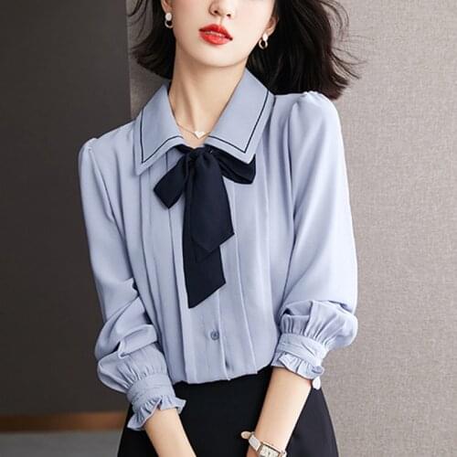 Solid Blusas Turn-down Collar fall 2021 Casual Women Blouse Long sleeve Shirt blouse Bow tie butterfly Sleeve Chiffon Shirt 664A