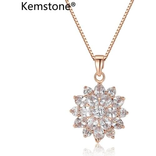 Kemstone Trendy Rose Gold Silver Plated Zircon Flower Pendant Necklace Jewelry Gift for Women