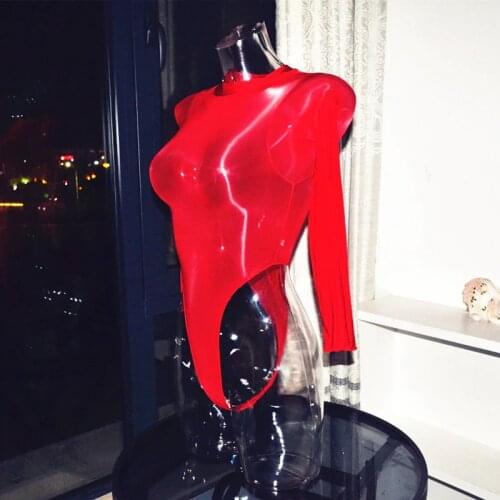 Sexy Lingerie Sheer Skin Tight Ultra Shiny Glossy Leotard Teddies High Cut Long Sleeve Body Shaping Unitard See Through Bodysuit