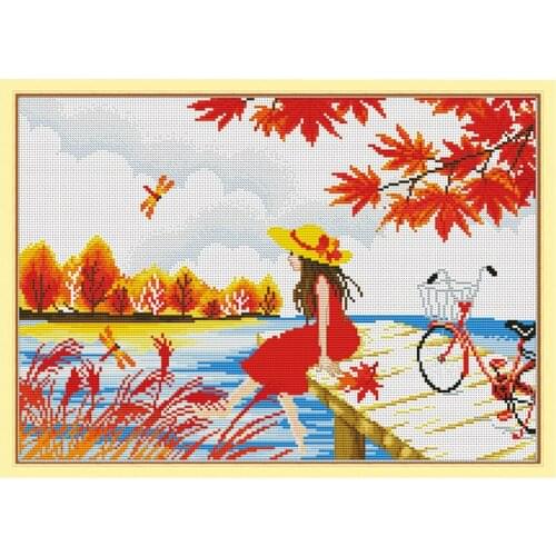 Stamped Embroidery Cross Stitch Kits Beginner Needlecrafts - Autumn Girl 11CT