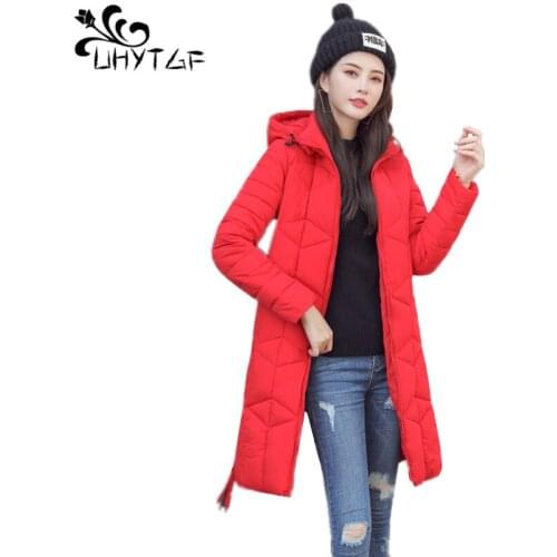 UHYTGF Women Winter Coats Long Cotton Casual Hooded Jackets Women Thick Warm Winter Parkas Female 4XL Plus size Parka Coat X485