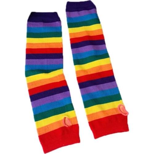 Women Girl Harajuku Elbow Length Fingerless Arm Sleeve Warmer Rainbow Colored Striped Knitted Sunscreen Halloween Costume Gloves
