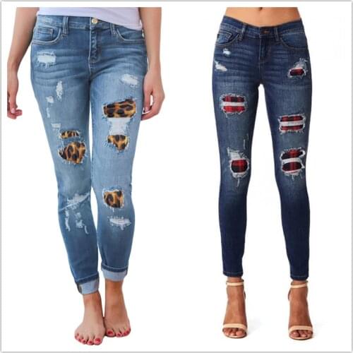 Womens Ripped Leopard Print Jeans Fashion Stretch Skinny Denim Pencil Pants Street Casual Hipster Jeans S-2XL