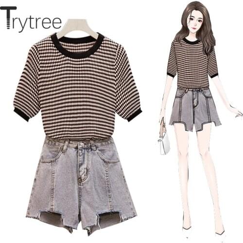 Trytree 2020 Summer Women Two Piece Set Casual O-neck Stripe T-shirt Tops + Cowboy Shorts Tassel Fashion Pockets Set 2 Piece Set