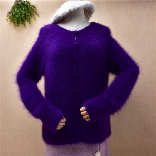 Ladies women fashion purple hairy mink cashmere knitted long sleeves slim cardigan angora fur autumn winter jacket coat sweater