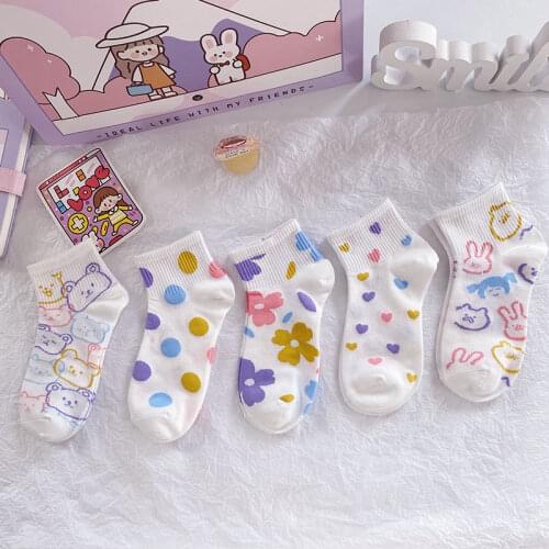 1 Pair Of Ladies Asymmetric Fashion Comfortable Funny Cartoon Short Ankle Socks Cute Rabbit Flower Fruit Lover Socks 36-43EUR