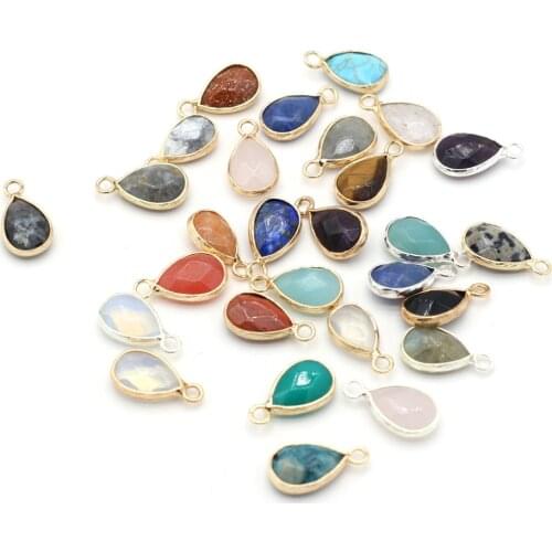 5Pcs Natural Rose Quartz Amethyst Opal Agate Pendant Drop-Shaped Gilt Edge Charm for Jewelry Making DIY Necklace Earring 15-20mm