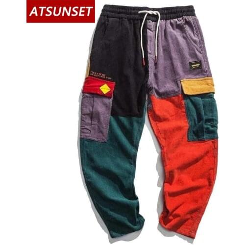 ATSUNSET Color Stitching Cargo Pants Pocket Casual Streetwear Harajuku Sweatpants Male Hip Hop Trousers