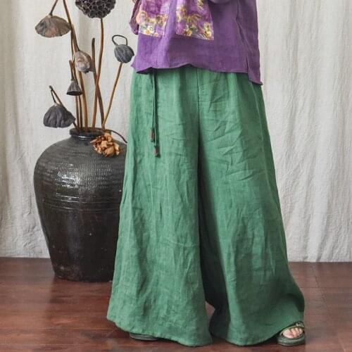 Women Loose Linen Elastic Waist Wide Leg Pants Ladies Flax Solid Color Trousers Female Summer Autumn Pants 2021