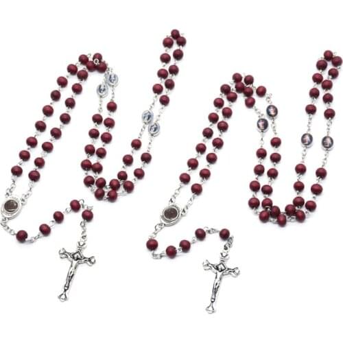 Rosary Necklace Jesus Christ Cross Pendant Wood Round Bead Necklace Long Chain for Women Girl Fashion Jewelry Charm Gifts
