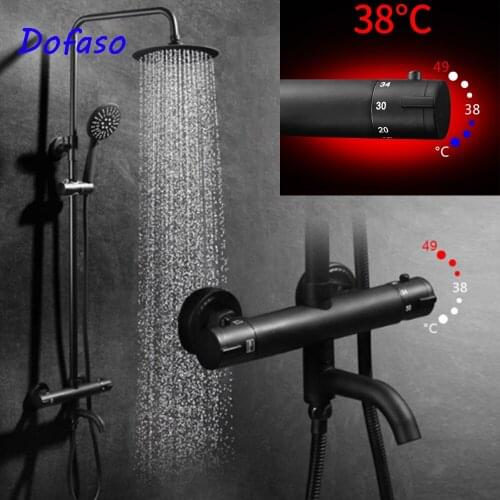 Dofaso black shower set thermostat shower faucet Matt Black Bathroom Thermostatic Bath Shower Set Brass Smart Shower Faucet