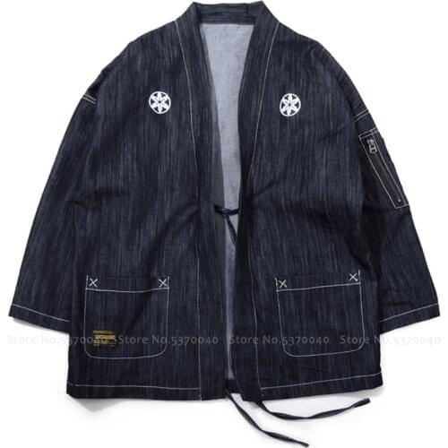 Samurai Men Japanese Denim Jackets Loose Blouse Harajuku Style Cardigan Haori Couple Women Hip Hop Robe Coat Street Wear Outfits