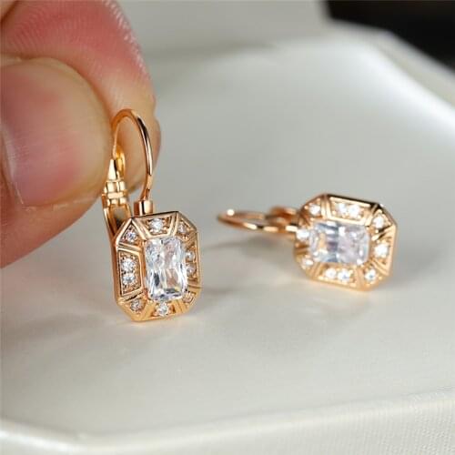 Trendy Female White Zircon Stone Earrings Charm Gold Color Small Clip Earrings For Women Dainty Crystal Square Wedding Earrings