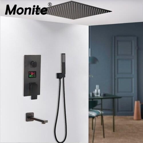 Monite Thermostatic Temperature Display Black 8 10 12 inch Wall Mount Bathroom Rainfall Faucet Sets ORB Shower Head Hand Set