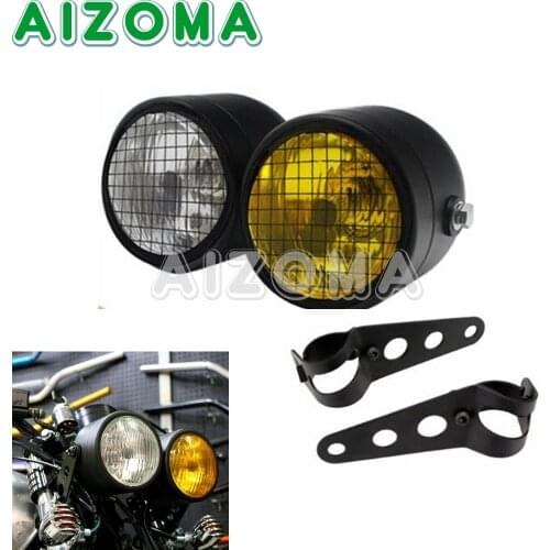 Dual Motorcycle Front Headlight Grill Cover Retro Vintage Bracket Mesh Mount Double Headlight for Harley Cafe Racer Bobber