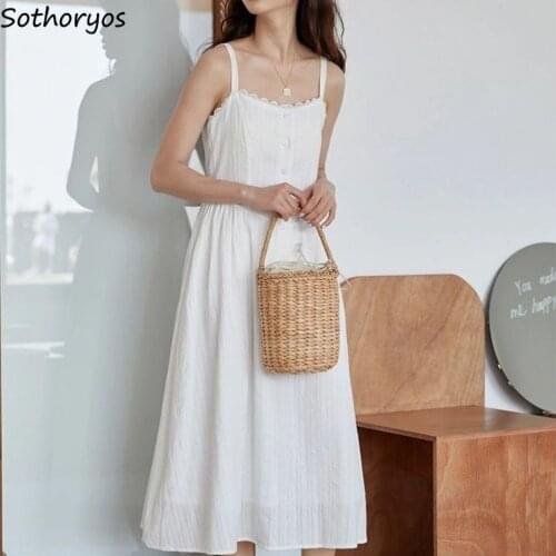 Women Sleeveless Dresses White Solid Temperament Slender Fresh A-line Korean Style Fashion Ins Females Leisure Summer All-match