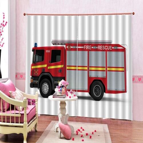 Custom Modern Cartoon Fire Truck Curtain For Childrens room Bedroom Polyester Fabric Photo Print Blackout Drapes Sets
