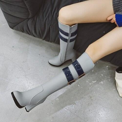 PXELENA Vintage Chunky Block High Heels Knee High Boots Women Buckle 2019 Winter Riding Knight Long Boots Lady Shoes Plus Size