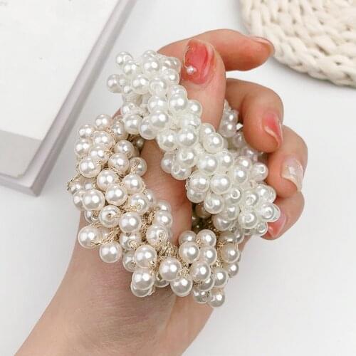 Luxury Big Elegant White Pearl Hair Ties Beads Girls Scrunchies Rubber Bands Ponytail Holders Hair Accessories Elastic Hair Band