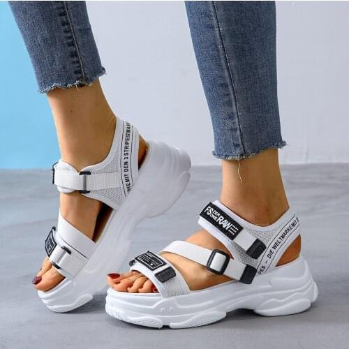 Canvas Hook & Loop Sandals Women Female shoes Platform Summer 2021 Women Letters Height Increasing Wedge Open Toe Shoes