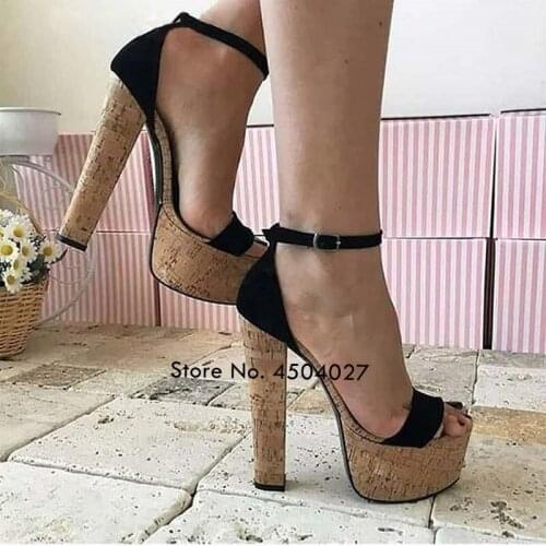 Wooden Chunky Heels Platform Sandals Black Buckle Strap Patchwork Gladiator Shoes Women Summer Dress Pumps Size 45