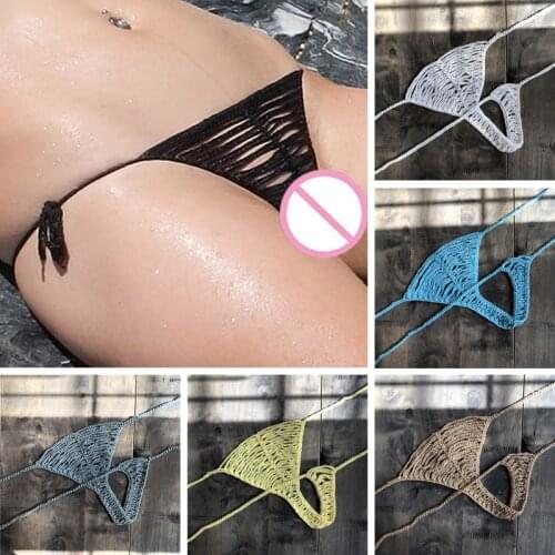 Sexy Micro Mini Bikini Thong Bottom Woman Crochet Beach Black Bikini swimwear trunks Secret Romance G-String