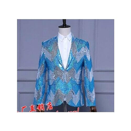 Freeship 100%real mens sky blue/green gradient full sequins tuxedo jacket/event/studio/sing/stage performance/jacket