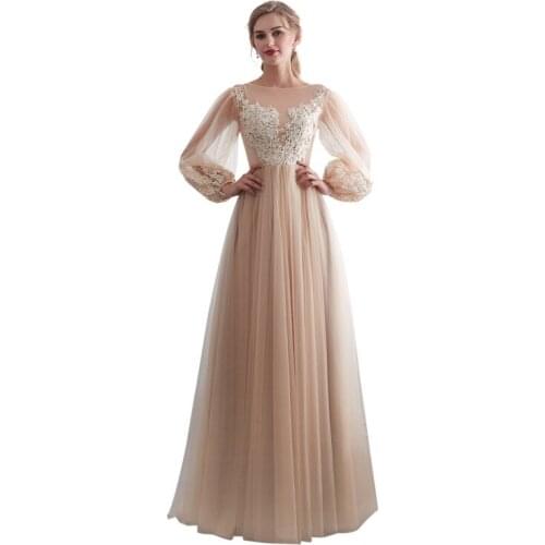 In Stock Tulle Full Sleeves Slash Neck Appliques Zipper Party Gown One-piece Vestido de noche Robe de soiree Formal Dress