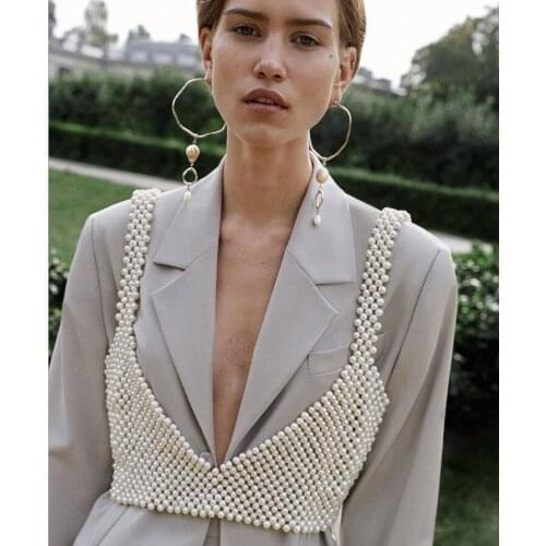 Spring Summer INS Fashion Hanging Jewelry Tops Lady Sexy Handmade Pearl Vest Outside Wearing Body Chains Sling Beaded Bra