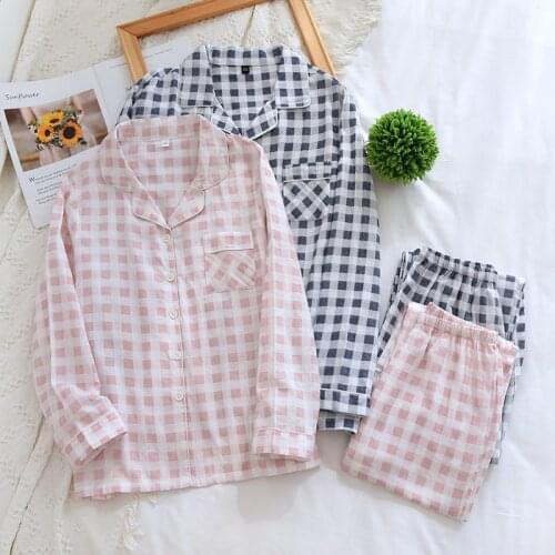 Spring Couple Pajamas Women Long Sleeve Trousers Cotton Lounge Wear Plaid Two Piece Sleepwear Men Loose Pijama Mujer Lounge Set