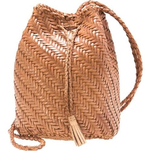 Womens 100% Genuine Leather Shoulder Bag Inner Weaving Casual Shopping Bucket Bag Vintage Tote Purse Cowhide Cross Hand Bags