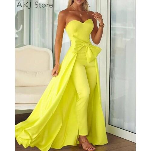 Women Sexy Yellow Off Shoulder Bowknot Design Jumpsuit