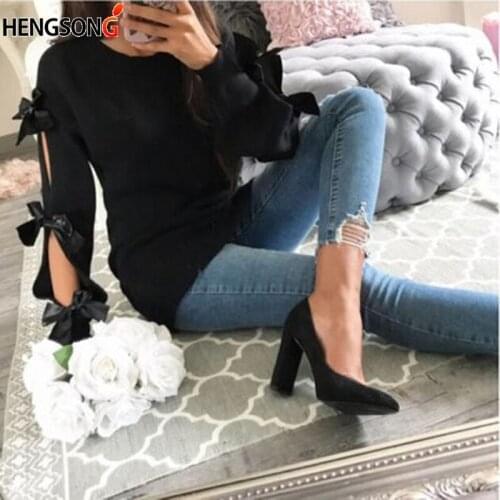 New Women Bow Hollow Out Long Sleeve Warm Sweater Pullover Knitting Bow Loose O-Neck Tops Knitwear Jumper Pull Femme