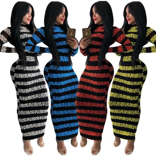 Elegant Women Leopard Print Striped Long Dress Autumn Winter Zipper Long Sleeve Sexy Hips Bodycon Robe Maxi Party Night Vestidos