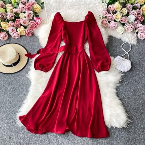 YIZZHOY New Autumn Vintage Solid Square Collar Elegant Fairy Dress A Line Full with Belt High Waist Mid-Calf Women Dress