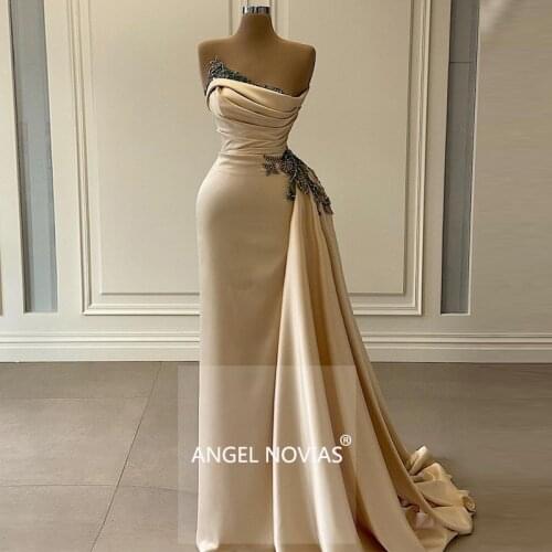 ANGEL NOVIAS Long Champagne Arabic Evening Dress 2021 Beaded Robes De Soiree Longue