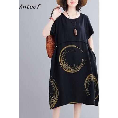 Short sleeve cotton linen vintage dresses for women casual loose midi woman summer dress elegant clothes 2021 sundress
