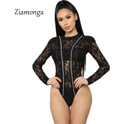 Ziamonga Long Sleeve Lace Bodysuit Elegant Shirt Women Black Autumn Summer 2019 Body Mujer Sexy Transparent O-Neck Bodysuit Tops