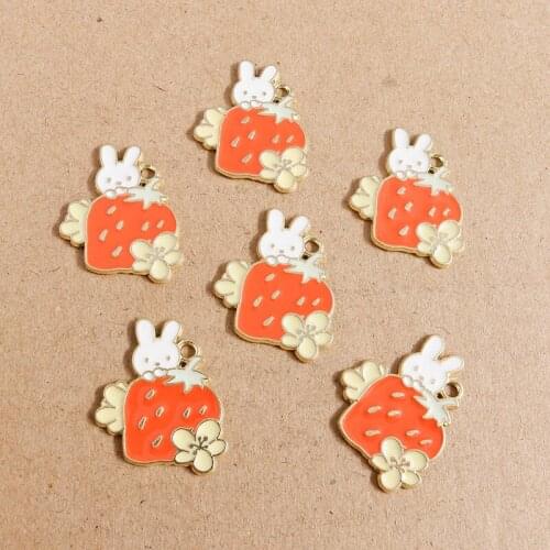 10pcs 25*24mm Cartoon Enamel Animal Rabbit Charms for Jewelry Making Fruit Strawberry Charms Pendants Fit DIY Necklaces Earrings