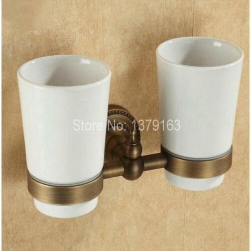 Antique Bronze Vintage Brass Bathroom Bath Tumbler Holder with Double Ceramics cup Wall Mount aba088