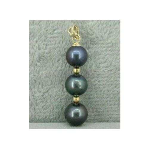 AAA 8-9 MM BLACK ROUND NATURAL TAHITIAN PEARL PENDANT NECKLACE 14K/20